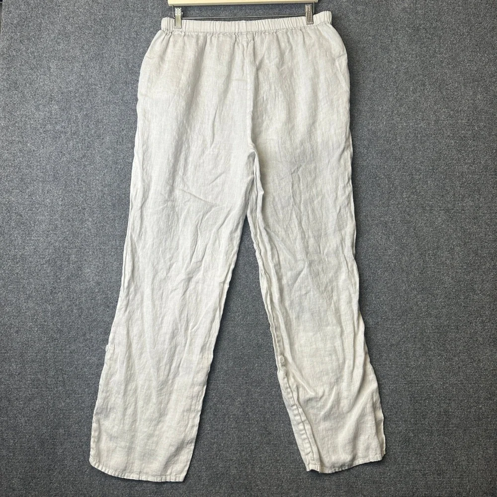 FLAX Linen Pants Womens Medium Gray Wide Leg Relaxed Casual Summer Elastic Waist